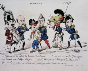 Karikatura o Komuně "" Zprávy - Kolik vojáků jste shromáždil, Paladine? - Přivedu venkovskou stráž. A já jsem švýcarská církev. - (Vinoy) Držím hasiče z Nanterre - (v srdci) To je v pořádku, to je v pořádku, konečně uvedeme Paris k rozumu.