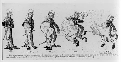 Cartoon komentující akvizice půdy ve Spojených státech amerických, ilustrace z Le Rire, 4. března 1895