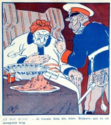 Karikatura kritizující chamtivé chování Bulharska v souvislosti s rozdělením Makedonie během balkánských válek v letech 1912-13.