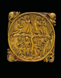 Vyřezávaný kryt pouzdra na zrcadlo, Paříž, cca 1310-20