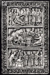 Vyřezávaná deska na přebal knihy zobrazující výjevy ze života sv. Remigia (asi 437-533) a křest Chlodvíka I. (465-511)
