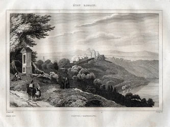 Castel Gandolfo - Rytina z “” Malebné Itálie”” od M. de Norvinse, Ch. Nodier 1834-1836.