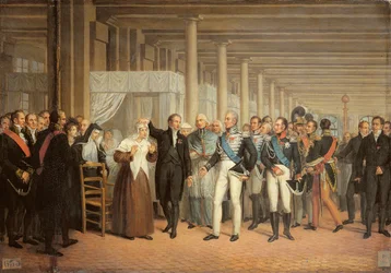 Operace šedého zákalu, kterou provedl Guillaume Dupuytren (1777-1835) za přítomnosti krále Karla X. (1757-1836) v hotelu Dieu