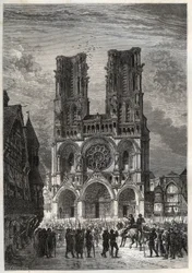 Cathedrale Notre-Dame (Notre Dame) de Laon (1150-1180), Aisne - laonská katedrála - rytina z „“Historie Francie vyprávěná mým vnoučatům““ – od Francoise Guizota – 1872-1876
