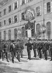 Stoleté výročí Ecole Polytechnique: Sadi Carnot (1837-1894), francouzský prezident hodnotící studenty, Paříž 1894.
