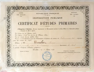 Vysvědčení o základním vzdělání, Academie de Lille, 1898 (inkoust na papíře)