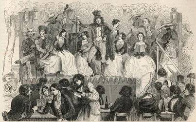 Champs-Elysees (Champs Elysees) - Zpěváci před kavárnou Morel - Rytina v „Tableau-de-Paris“ od Edmonda Texiera 1852