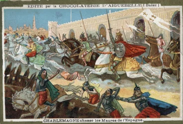 Karel Veliký (742-814) vyhání Maury ze Španělska. Chromolitografie z 19. století.