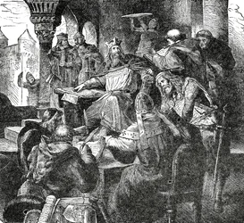Karel Veliký se žáky a učiteli jeho palácové školy v Cáchách, kolem roku 1890