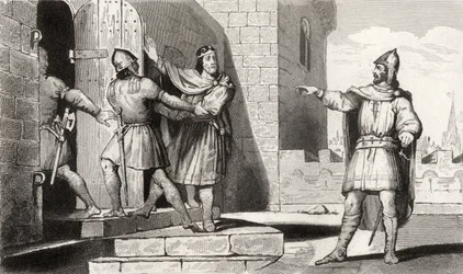 Karel III. (879-929), prostý zajatý jedním ze svých vojáků, z „Histoire de France“ od Colarta, vydané kolem roku 1840