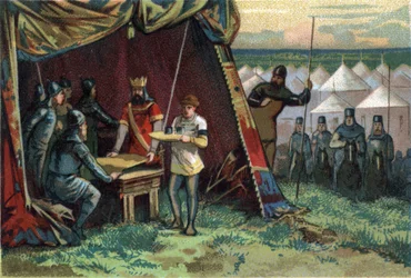 Karel II. řekl, že Le Bald koupil mír za cenu stříbra. Chromolitografie kolem roku 1890.
