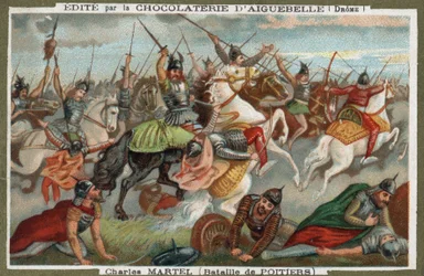 Charles Martel zatkl muslimy v bitvě u Poitiers v roce 732. Chromolitografie 19. století.