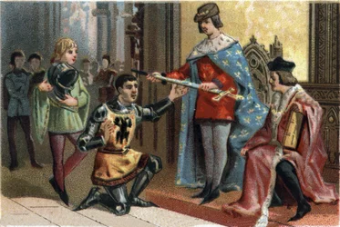 Karel V. Moudrý (1338-1380) slavnostně předává rychlost spojovatele Bertranda du Guesclin (1320-1380). Chromolitografie kolem roku 1890.