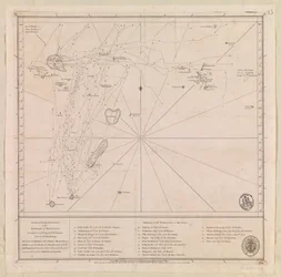 Mapa souostroví na sever od Mauricia, kterou v roce 1776 sestavil M le Victe Grenier, poručík francouzského námořnictva [zahrnuje Seychely, nejjižnější Maledivy, skupinu Mauricius a souostroví Chagos].