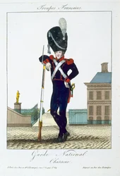 Myslivec Národní gardy, z Troupes Françaises, vydal Basset, Paříž, kolem roku 1790