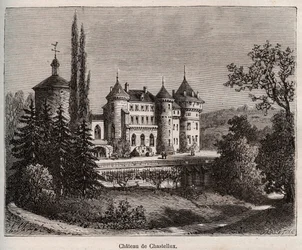 Chateau de Chastellux - Chastellux sur cure, Burgundsko - rytina v „La France illustree: geografie, historie, statistická správa“ od V.-A. Sladově hnědá. 1884