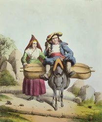 Prodejci sýrů z oblasti Tarbes, kolem roku 1840 (barevné rytí)