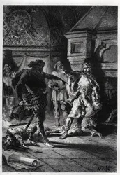 Childebert I. (asi 498-558) při vraždě dědiců svých bratrů roku 526 - Childebert I. nechal Chlotarem (Clothairem) roku 526 zmasakrovat děti svého bratra Chlodomera, krále Orléansu, o jehož státy se dělili - rytina z „L