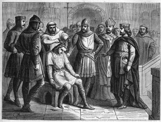 Childerich III., poslední merovejský král, byl roku 751 sesazen Pipinem Krátkým, králem Franků, a uvězněn v klášteře Sithiu poblíž Saint-Omeru. Rytce 19. století.