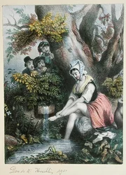 Děti špehují mladou dívku, která si myje nohy v potoce. C. 1840 (barevné lito)