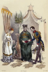 Číňané na návštěvě u zahraničního vojáka; ilustrace k Číně v díle „Dvanáct národů“ od M. E. Fouineta