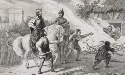 Chlotaire I (497-561) upaluje svého vzpurného syna a rodinu, z „Histoire de France“ od Colarta, vydaného kolem roku 1840