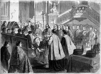 Křesťanský obřad - Zelený čtvrtek - 1860: mytí nohou v kostele Saint Sulpice v Paříži. Rytina v „“ Le Monde Illustré““ č. 156 ze 7. dubna 1860.