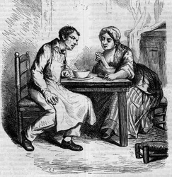 Christophe a tlustá Sylvie: sluhové snídají. Rytina poloviny 19. století. Ilustrace k „Otec Goriot“ od Honore de Balzac (1799-1850).