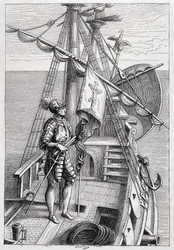 Christopher Columbus na svém přívěsu, nemocný. "" Discovery de la Terre "" od Julese Verna, ed. Hetzel, n. d. 19.