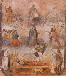 Kostel (kostel sv. Jana Křtitele). Interiér. Kaple Saint-Fursy. Nástěnné malby. Oslava Marie (freska známá jako dobrá smrt). Začátek 17. století.