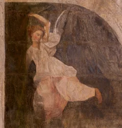 Kostel (kostel sv. Jana Křtitele). Interiér. Kaple Saint-Fursy. Nástěnné malby. Oslava Marie (freska známá jako dobrá smrt). Začátek 17. století.