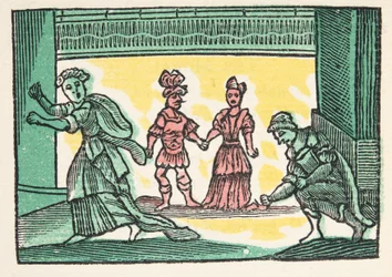 Popelka aneb malý skleněný střevíček, z Historie aneb Příběhy minulých časů vyprávěných matkou Husou, S morálkou, M. Perrault, hospoda. 1925 (ručně kolorovaný dřevotisk)