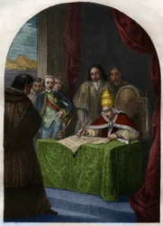Klement XIV. (Clemente nebo Clemens) (1705-1774) ruší Tovaryšstvo Ježíšovo 21. července 1773. Rytina z roku 1842 v „Histoire des popes: crimes, murders, poisonings, parricides, adulteres, incest...“ od Maurice Lachatre. Soukromá sbírka.