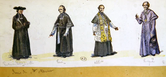 Úřednické kostýmy ve Francii v 19. století (barevná litografie)