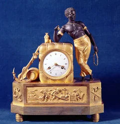 Hodiny ve tvaru kauce s figurkou dokaře, po roce 1787 (bronz)