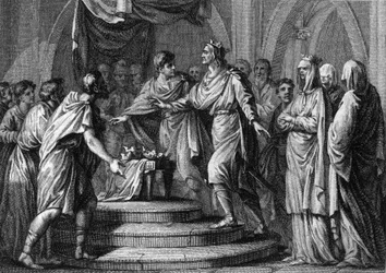 Clotaire (Clothaire) II (584-628), předsedající prvnímu „Champ de mars“ neboli Placita (Plaids), ambulantnímu parlamentu, po znovusjednocení čtyř francouzských království v roce 613. Rytina z 18. století.