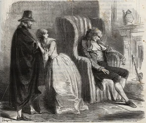 Clotilde Sprengel a Zacharie Bergmann sledují spící německého lékaře Petruse Schultze před 18. stoletím. Rytina z roku 1871 v „Histoire Des Cocuses Celebres““ od Henryho de Kocka (1819-1892).