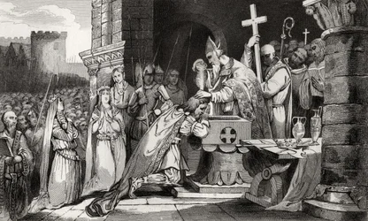 Clovis I (465-511) pokřtěný muži ze své armády před bitvou u Tolbiacu, z „Histoire de France“ od Colarta, vydáno kolem roku 1840