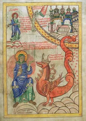 Cod. Guelf. 1 Gud. lat. (14v), Nevěstka babylonská, Matka ohavností, se setkává se Šelmou z Apokalypsy, z Liber Floridus od Lamberta ze Saint-Omer, kolem roku 1120