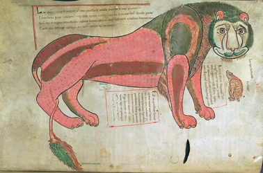 Treska. Guelf. 1 Gud. lat. (37v), Lev a prase, z Liber Floridus od Lamberta de Saint-Omer c.1120