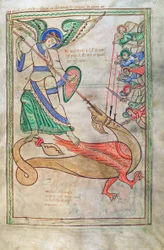 Treska. Guelf. 1 Gud. lat. 15r, Saint Michael Fighting the Dragon, z Liber Floridus od Lamberta de Saint-Omer c.1120