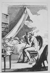 Collin de Plancy (1793-1887) hovořící s ďáblem, z Le Diable Peint par Lui-meme (1825) ilustrovaný v historii magie publikované koncem 19.
