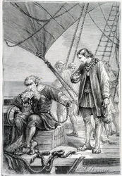 Kolumbus spoutaný jako padouch (na palubě lodi), nemocný. "" Discovery de la Terre "" od Julese Verna, ed. Hetzel, n. d. 19.