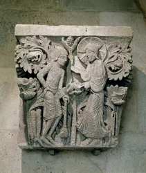 Hlava sloupu zobrazující Krista a Jakuba Menšího, kolem 1125-30 (vápenec)
