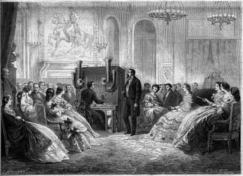 Koncert „klavírního elektromotorického orchestru“, jeho vynálezce J. B. Schalkenbacha, za přítomnosti Napoleona III. a impressa Eugenie de Montijo. Palais de Saint Cloud