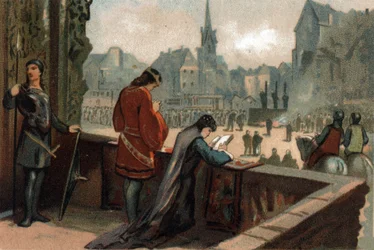 Constance po boku svého manžela Roberta II. Pieux, francouzského krále (996-1031), se dívá na muka kacířů odsouzených na náměstí Place de Greve v Paříži (dnes Place de l