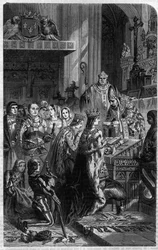 Korunovace císaře Oty I. (912-973) papežem Janem XII. v roce 962. Rytina v díle „Dějiny papežů, králů, královen a císařů napříč staletími“ od Maurice La Châtra.