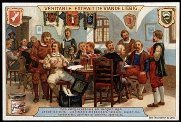 Korporace ve středověku: porada porotců řezníků, koželuhů, mydlářů, ševců, rukavic a montovaných holičů - reklamní viněta Liébig, konec 19. stol.