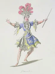 Kostýmní návrh pro kouzelníka v Dardanu, libreto Leclerc de Labruere, složil Jean-Philippe Rameau (1683-1764), faksimile A. Guillaumot Fils (barevná rytina)