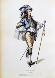 Kostým pro postavu Dona Juana ve scéně 2 dějství I stejnojmenného kusu Jeana Baptista Poquelina dit Moliere (1622-1673). Rytina Paříže 19. století, Comedie francaise